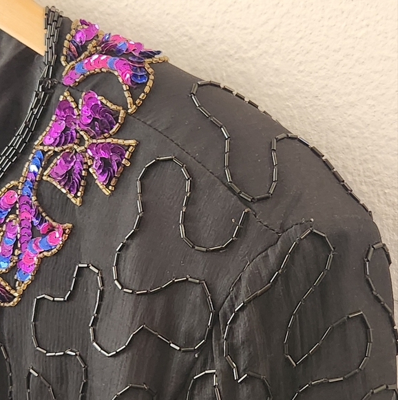 Vintage J.M.C. Silk Jacket Open Front Beaded Sequins Long Sleeve Black Size 1X - Picture 4 of 15